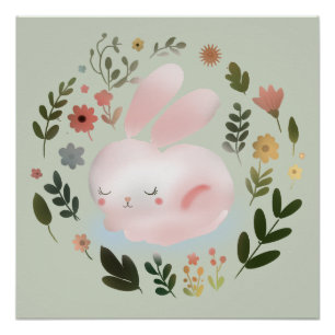 Cute Pastel Lente Konijn Bloemenkrans Kinderkamer Perfect Poster
