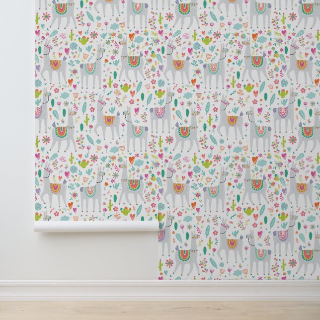 Cute Pastel Llama Pattern Behang (Applicatie)