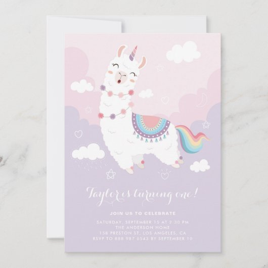 Cute Pastel Llama Unicorn First Birthday Party Kaart (Voorkant)