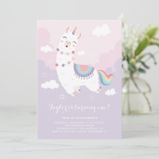 Cute Pastel Llama Unicorn First Birthday Party Kaart (Staand voorkant)