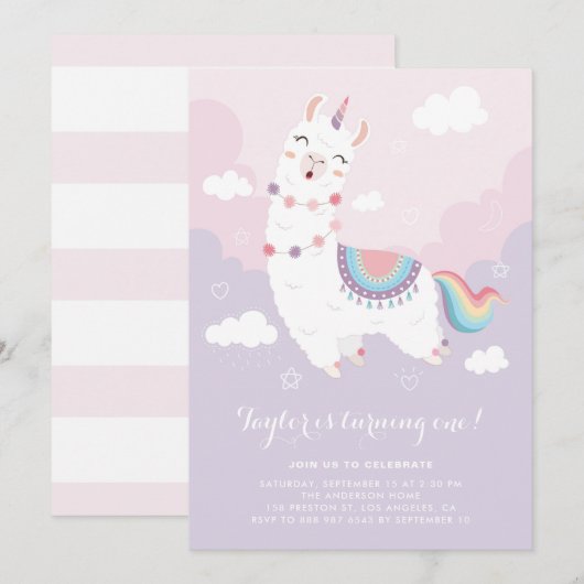 Cute Pastel Llama Unicorn First Birthday Party Kaart (Voorkant / Achterkant)