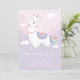 Cute Pastel Llama Unicorn First Birthday Party Kaart