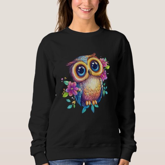 Cute Pastel Owl with Flowers Big Eyes Boho Nature Trui (Voorkant)