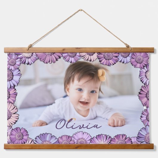 Cute Pastel Paars Daisy Name Foto Grandchildren Hangend Wandkleed (Voorkant)