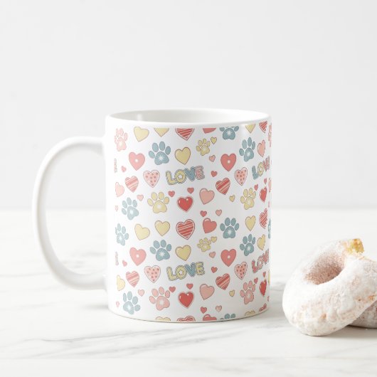 Cute Pastel Paw Prints and Hearts "LOVE" Pattern  Koffiemok (Met donut)