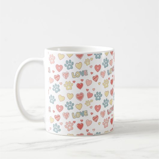 Cute Pastel Paw Prints and Hearts "LOVE" Pattern Koffiemok (Links)