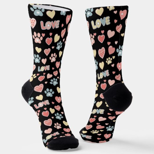 Cute Pastel Paw Prints and Hearts Pattern "LOVE"  Sokken (Gebogen)