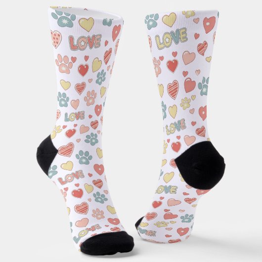Cute Pastel Paw Prints and Hearts Pattern "LOVE"  Sokken (Gebogen)