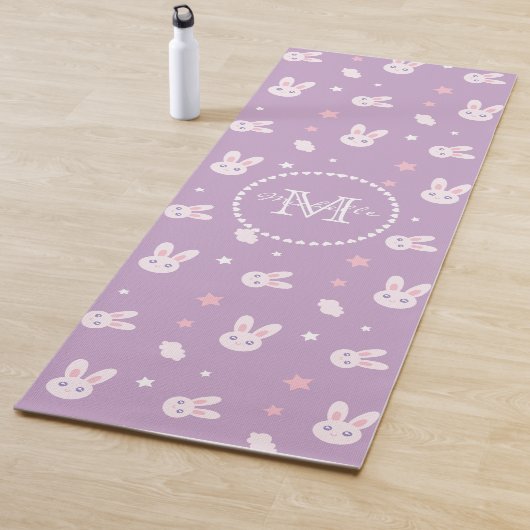 Cute Pastel Pink Bunny Rabbit Pattern Monogram Yogamat (In situ)