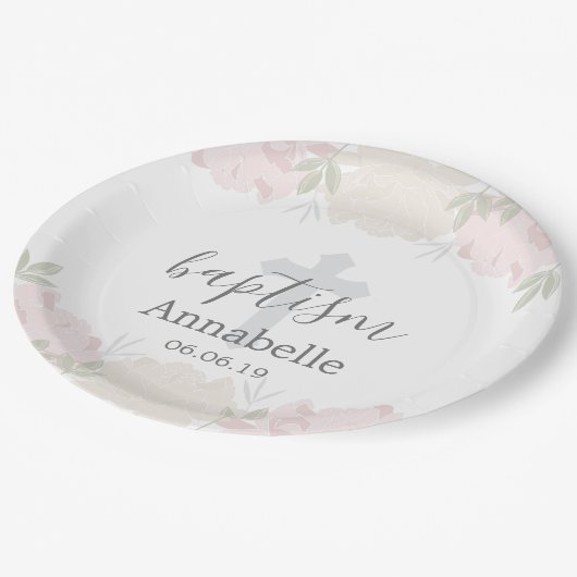 Cute Pastel Pink Floral Baby Baptisme Papieren Bordje (Gekanteld)
