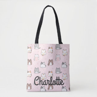 Cute Pastel Pink Kawaii Cats Sparkle Jouw naam Tote Bag