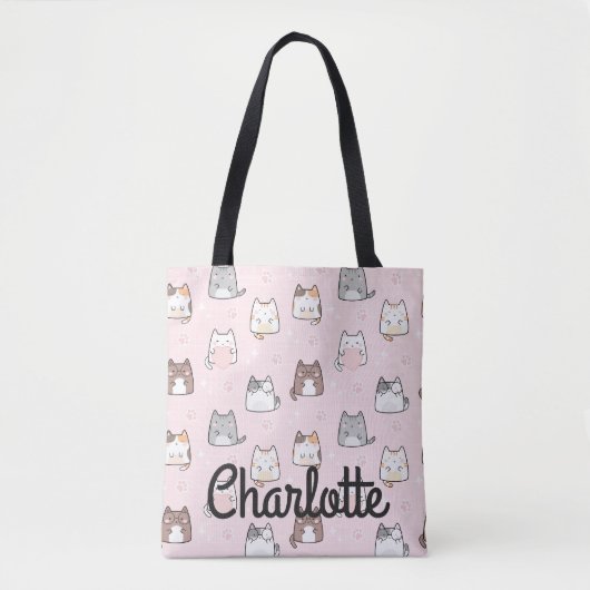 Cute Pastel Pink Kawaii Cats Sparkle Jouw naam Tote Bag (Voorkant)