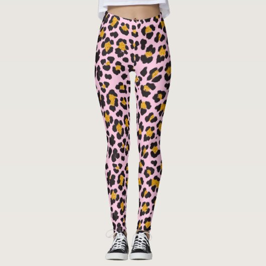 Cute Pastel Pink Leopard Gold Glitter Leggings (Voorkant)