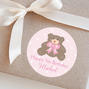 Cute Pastel Pink Ribbon Teddy Bear Girl Birthday Ronde Sticker