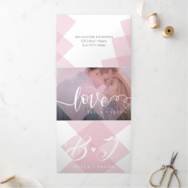 Cute Pastel Pink White Script Multi Photo Wedding Drieluik Uitnodiging