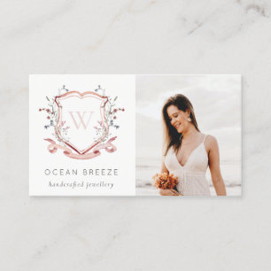 Cute Pastel Pink Wildflower Photo Crest Monogram Visitekaartje