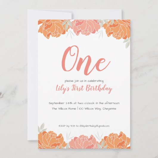 Cute Pastel Pioenrozen Baby Meisje 1e Verjaardagsf Kaart (Voorkant)