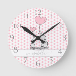 Cute Pastel Polka Dot Pink Baby en mam Elephant Ronde Klok