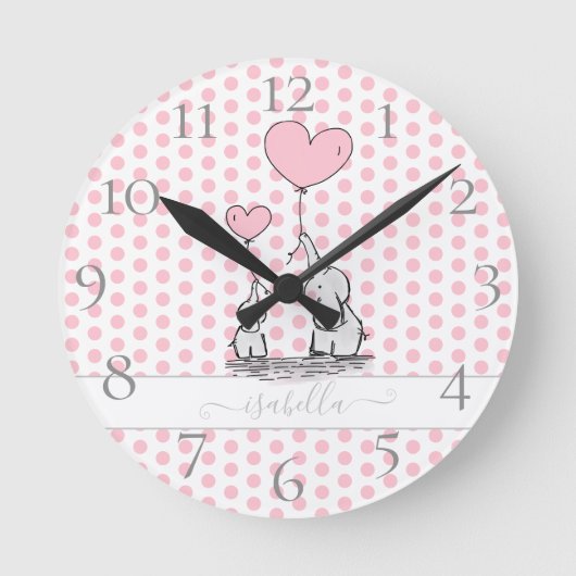Cute Pastel Polka Dot Pink Baby en mam Elephant Ronde Klok (Voorkant)
