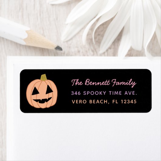Cute Pastel Pumpkin Halloween Return Address Black Etiket (Insitu)