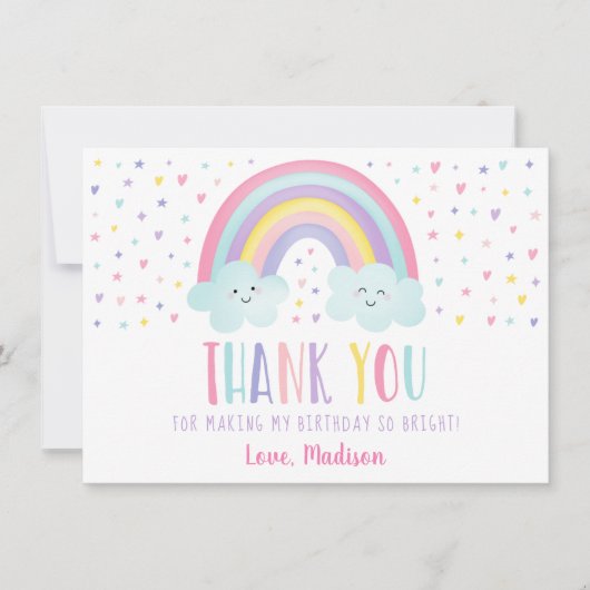 Cute Pastel Rainbow Clouds Birthday Hartelijk dank Bedankkaart (Voorkant)