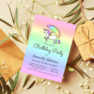 Cute Pastel Rainbow Unicorn Birthday Party Kaart