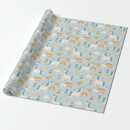 Cute pastel Rainbow Unicorn Pattern Cadeaupapier (Uitgerold)