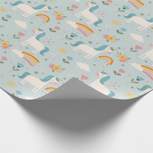 Cute pastel Rainbow Unicorn Pattern Cadeaupapier (Hoek)