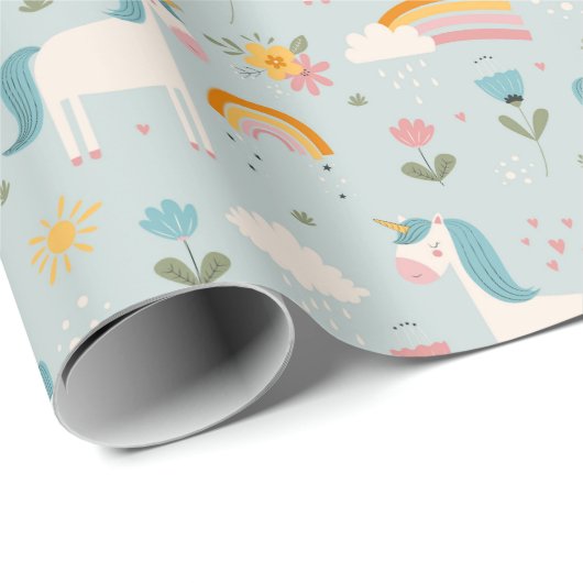 Cute pastel Rainbow Unicorn Pattern Cadeaupapier (Rol Hoek)