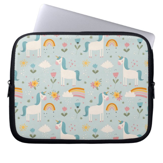 Cute pastel Rainbow Unicorn Pattern Laptop Sleeve (Voorkant)