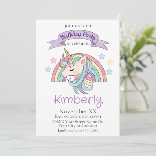 Cute Pastel Regenboog en Glitter Eenhoorn Feest Kaart (Staand voorkant)