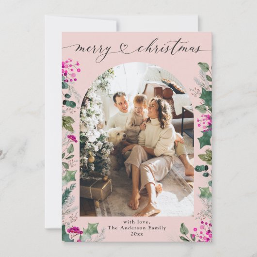 Cute Pastel Roze 1 Foto Boog Kerstkaart (Voorkant)