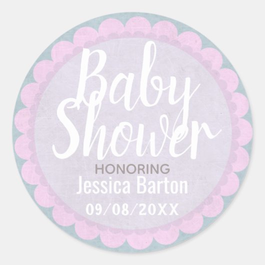 Cute Pastel Roze en Grijze Aangepaste Baby shower Ronde Sticker (Voorkant)