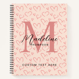 Cute Pastel Roze Hartpatroon Script Monogram Notitieboek