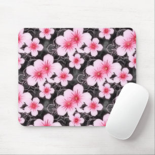 Cute Pastel Roze Hibiscus Floral Pattern on Black Muismat