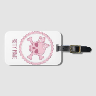 Cute Pastel Roze Schedel met Strik en Kruisbeender Bagagelabel