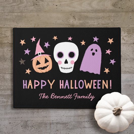 Cute Pastel Skull Happy Halloween Name Doormat Deurmat