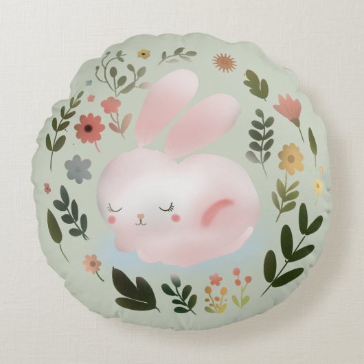 Cute Pastel Spring Bunny Floral Wreath Nursery Art Rond Kussen (Voorkant)