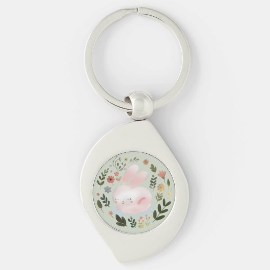 Cute Pastel Spring Bunny Floral Wreath Nursery Art Sleutelhanger (Voorkant)