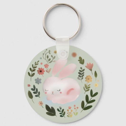 Cute Pastel Spring Bunny Floral Wreath Nursery Art Sleutelhanger (Voorkant)