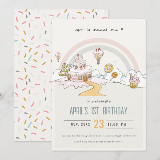 Cute Pastel Sweet One Snoep Land 1st Birthday Kaart (Voorkant / Achterkant)