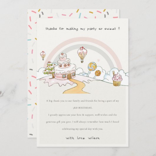 Cute Pastel Sweet Time Candy Land Kids Verjaardag Bedankkaart (Voorkant / Achterkant)