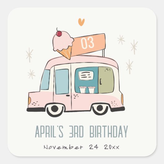 Cute Pastel Sweet Time Ice Cream Birthday Vierkante Sticker (Voorkant)