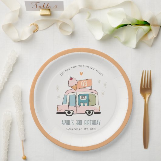 Cute Pastel Sweet Time Ice Cream Truck Birthday Na Papieren Bordje (Huwelijk)