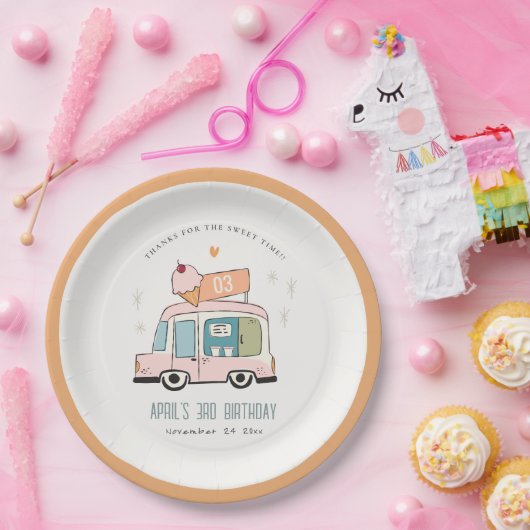 Cute Pastel Sweet Time Ice Cream Truck Birthday Na Papieren Bordje (Feest)