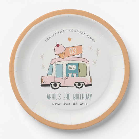 Cute Pastel Sweet Time Ice Cream Truck Birthday Na Papieren Bordje (Voorkant)