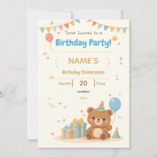 Cute Pastel Teddy Bear Kids Birthday Invitation Kaart