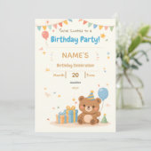 Cute Pastel Teddy Bear Kids Birthday Invitation Kaart (Staand voorkant)