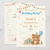 Cute Pastel Teddy Bear Kids Birthday Invitation Kaart (Voorkant / Achterkant)