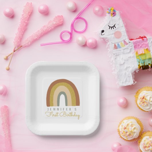 Cute Pastel Terracota Rainbow Birthday Papieren Bordje (Feest)